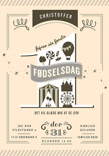 
                Skøn invitation til fejring af guldklumpens første fødselsdag. Inviter til en festlig børnefødselsdag med denne skønne invitation der ligger op til et festligt cirkustema. Indsæt evt. et foto af fødselsdagsbarnet på bagsiden af invitationen.                